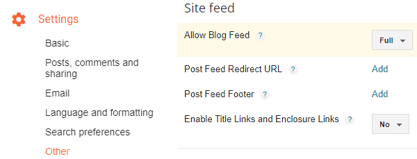 Blogger Settings Other Site Feed