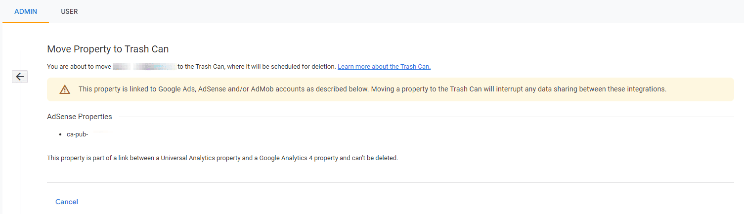 Google Analytics Can't Move Property to Trash Can