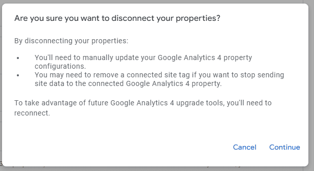 Google Analytics Disconnect Property Warning
