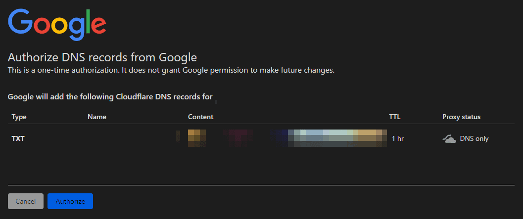 Google Domains to Cloudflare Authorize DNS Changes