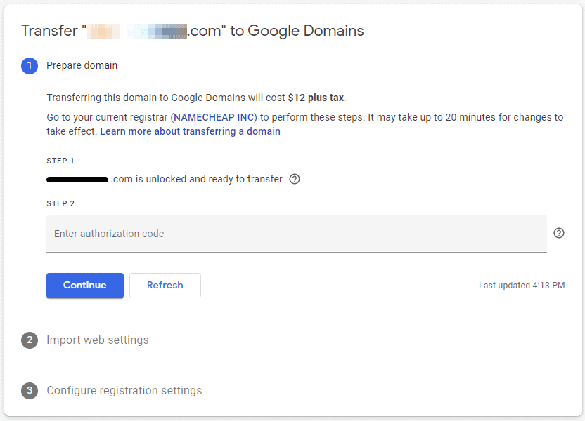 Google Domains Transfer Preparation Enter Auth Code